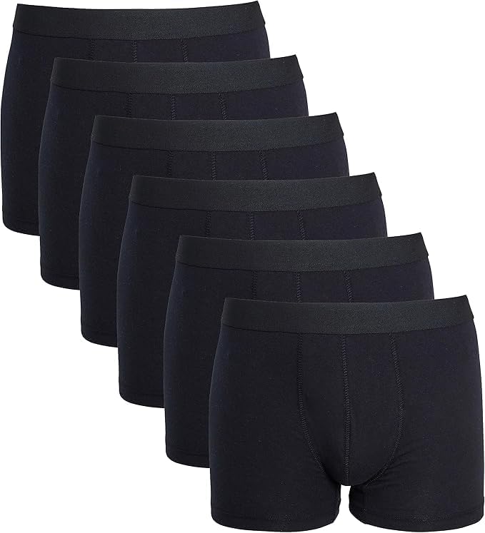 Set of six black boxer briefs on a white background