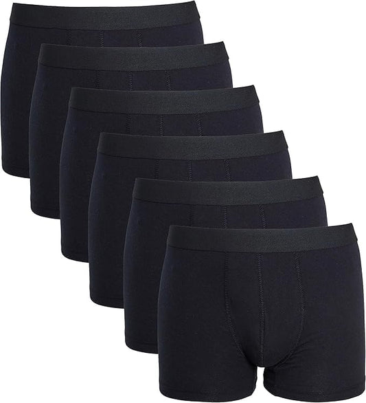 Set of six black boxer briefs on a white background