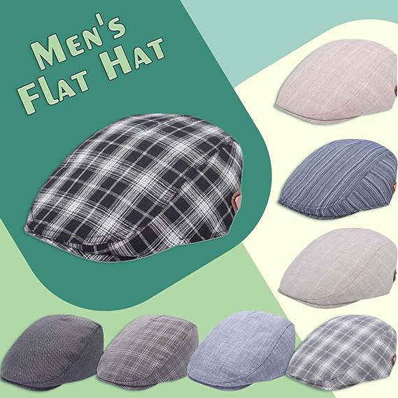 Collection of men's flat hats with a plaid pattern on a colorful background