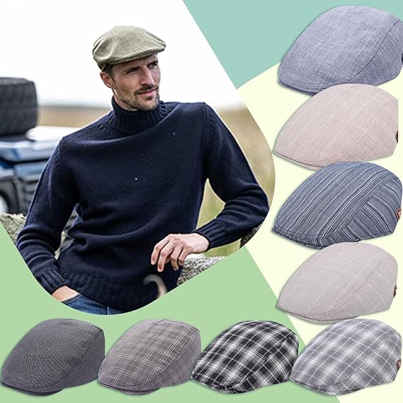 Man wearing a flat cap with various cap designs displayed around him.