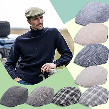 Man wearing a flat cap with various cap designs displayed around him.