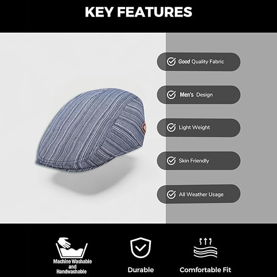 Blue flat hat with key features listed on a gray background