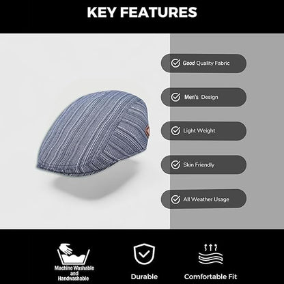 Blue flat hat with key features listed on a gray background