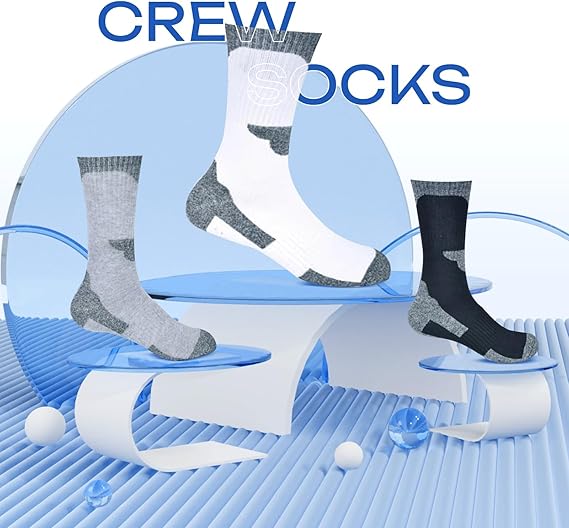 Crew socks displayed on a foot model with a blue background and 'CREW SOCKS' text.