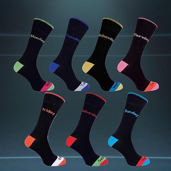Set of seven socks, each labeled with a day of the week on a dark background