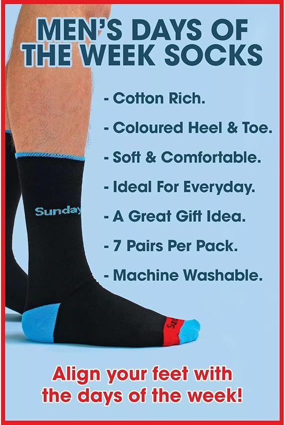 Advertisement for men's socks with text detailing features on a blue background.