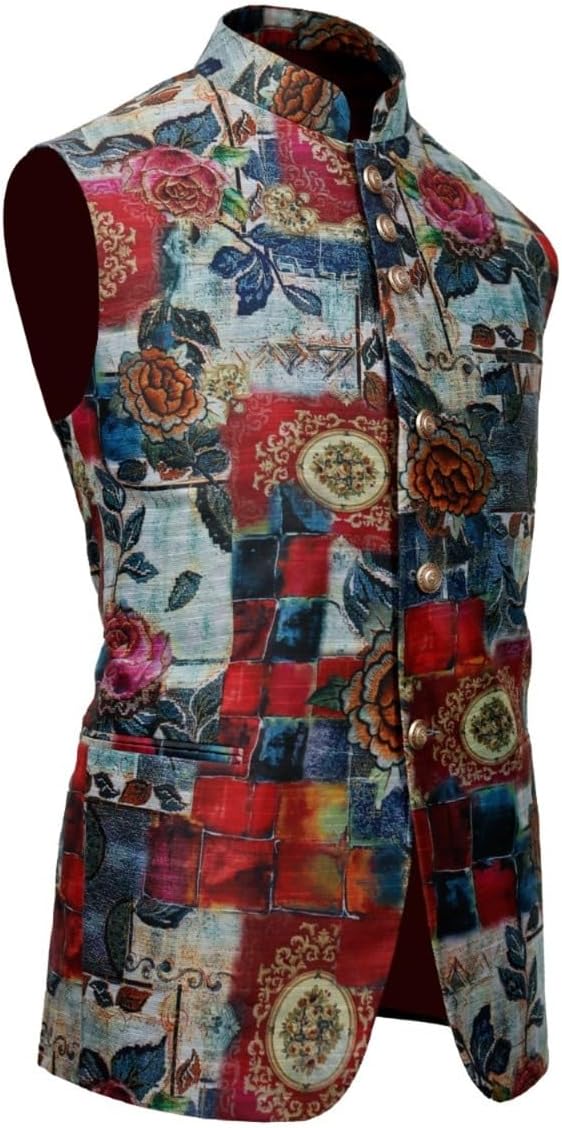 Multicolored floral and patchwork patterned vest on a white background