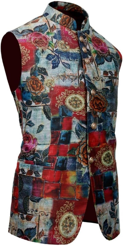 Multicolored floral and patchwork patterned vest on a white background
