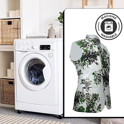 White washing machine with a floral dress displayed next to it, indicating machine washability.
