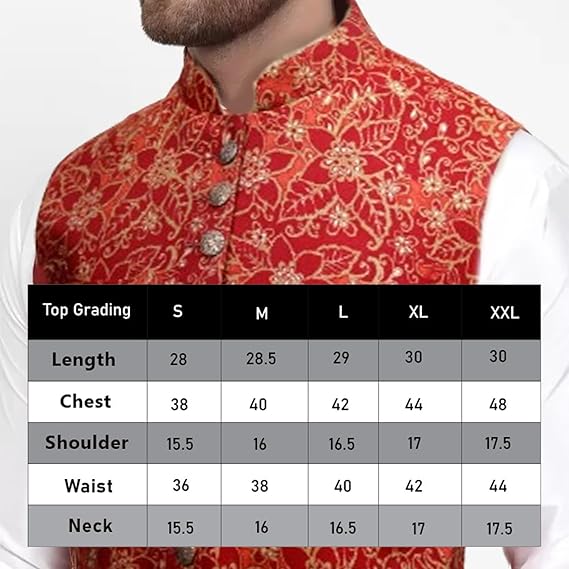 Red patterned vest with size chart on a white background