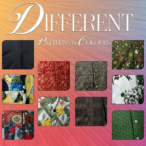 Collage of various patterned fabric swatches with the text 'DIFFERENT PATTERNS & COLOURS' on a gradient background.