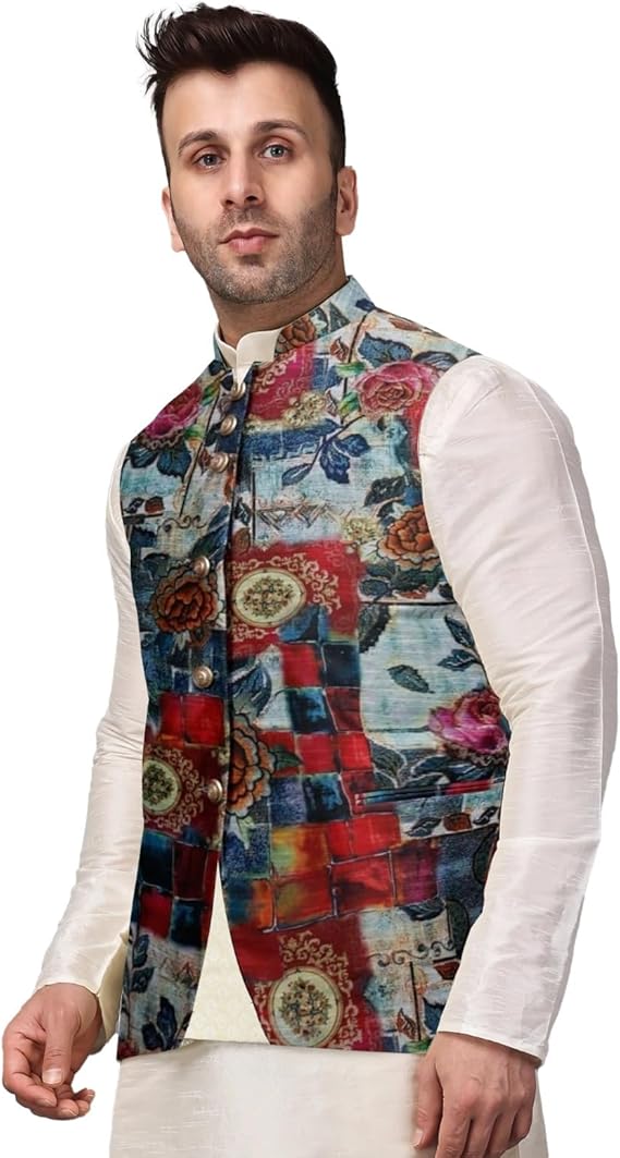 Man wearing a colorful floral patterned vest over a white shirt on a white background
