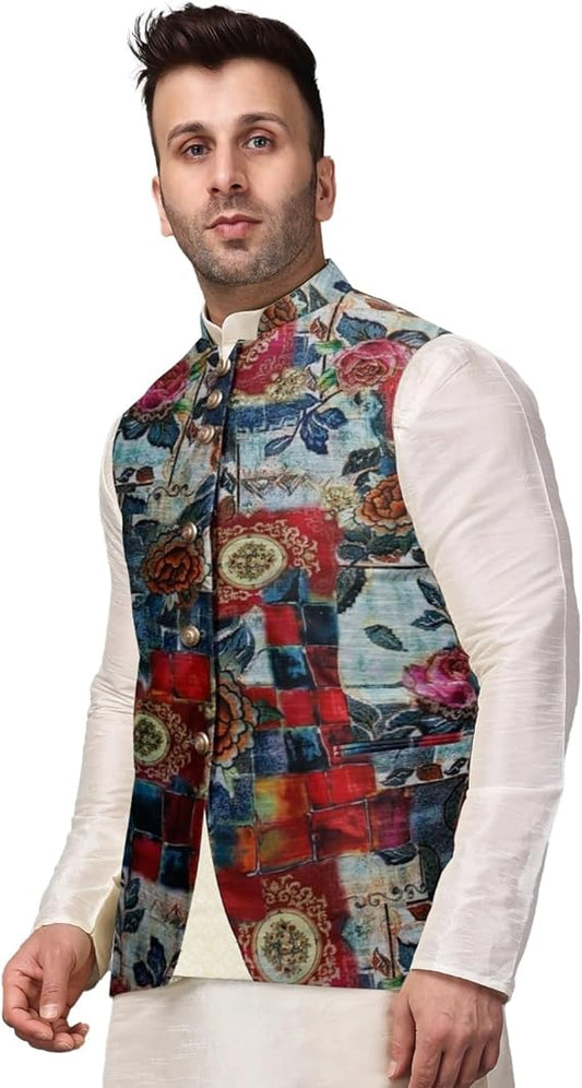 Man wearing a colorful floral patterned vest over a white shirt on a white background