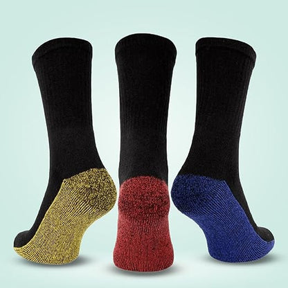 Three pairs of socks with different colored toes on a light blue background