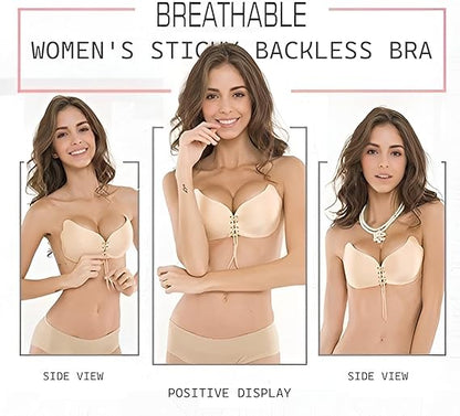 Beige women's sticky backless bra with side views and positive display on a white background.