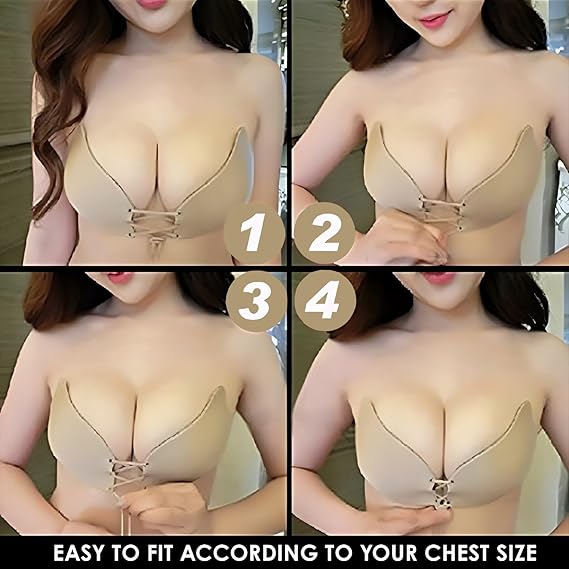 Collage of a woman wearing a beige strapless bra with different sizes indicated.