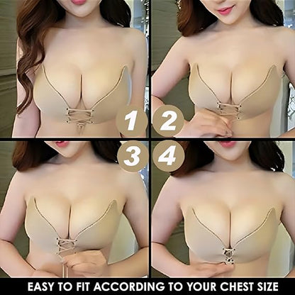 Collage of a woman wearing a beige strapless bra with different sizes indicated.