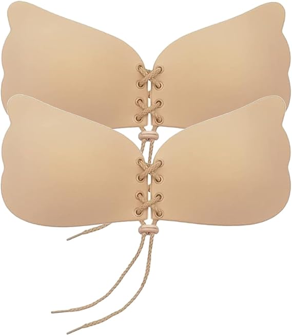 Beige strapless bra with lace-up front on a white background