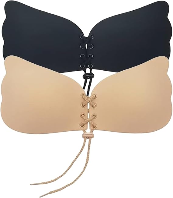 Black and beige strapless bra with lace-up front on a white background