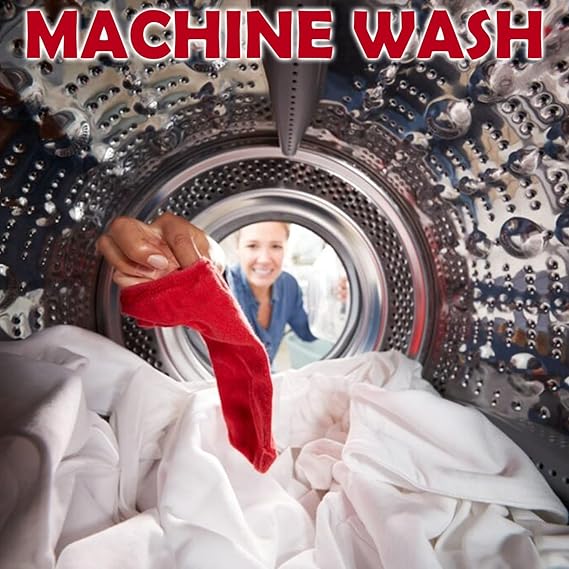 Laundry scene with clothes being loaded into a washing machine, featuring text 'MACHINE WASH'.