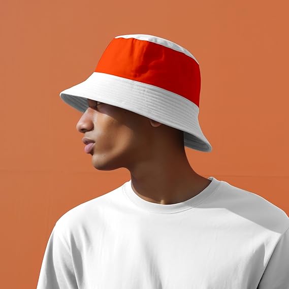 Person wearing a red and white bucket hat against an orange background