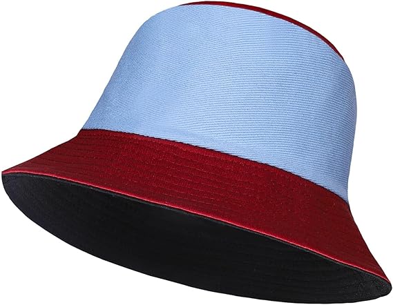 Color-blocked bucket hat with light blue, red, and black sections on a white background
