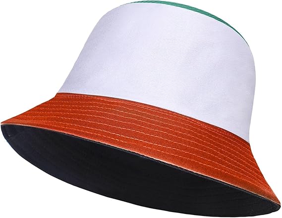 Color-blocked bucket hat with white top, orange middle, and black bottom on a white background