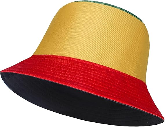 Colorful bucket hat with yellow, red, and black sections on a white background