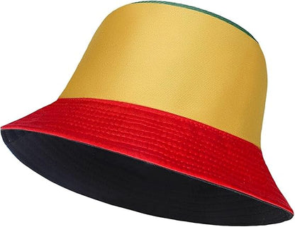 Colorful bucket hat with yellow, red, and black sections on a white background