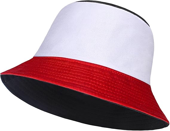 White, red, and black bucket hat on a white background