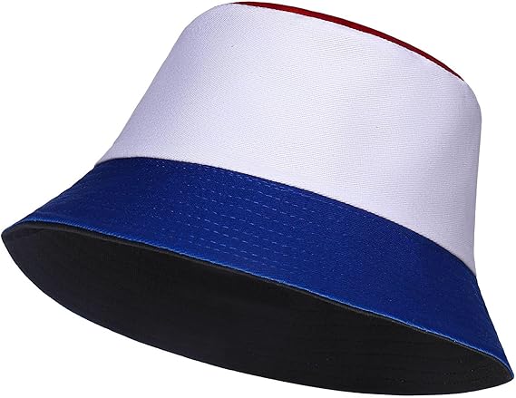 Color-blocked bucket hat with white, red, and blue sections on a white background