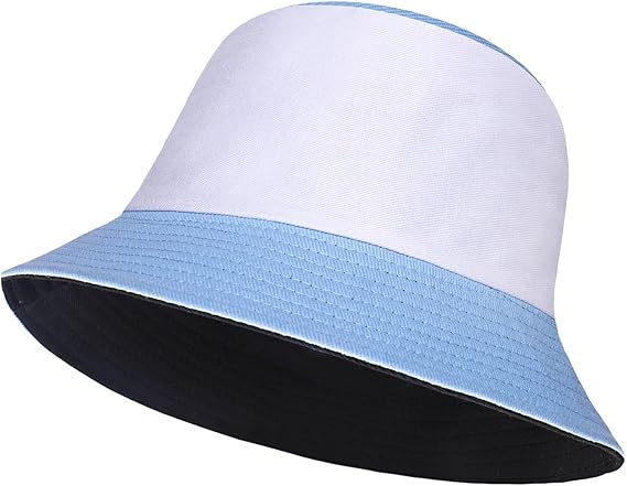 Two-toned bucket hat with white top and blue bottom on a white background
