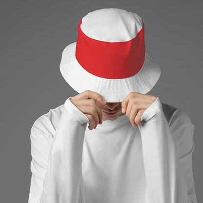 Person wearing a white and red bucket hat on a gray background