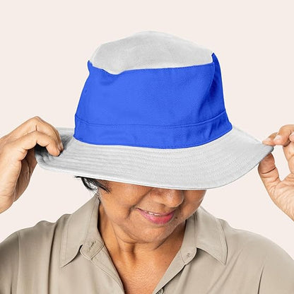 Person wearing a blue and gray bucket hat on a plain background
