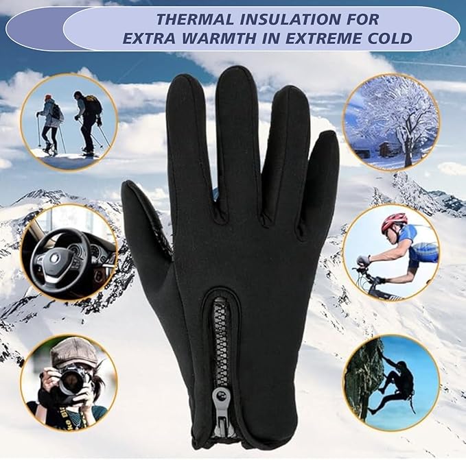 Black glove with a zipper on a snowy background with winter activities illustrations.