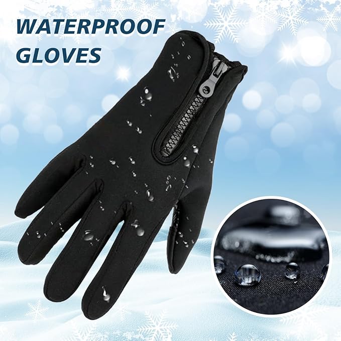 Black waterproof glove with a zipper on a snowy background