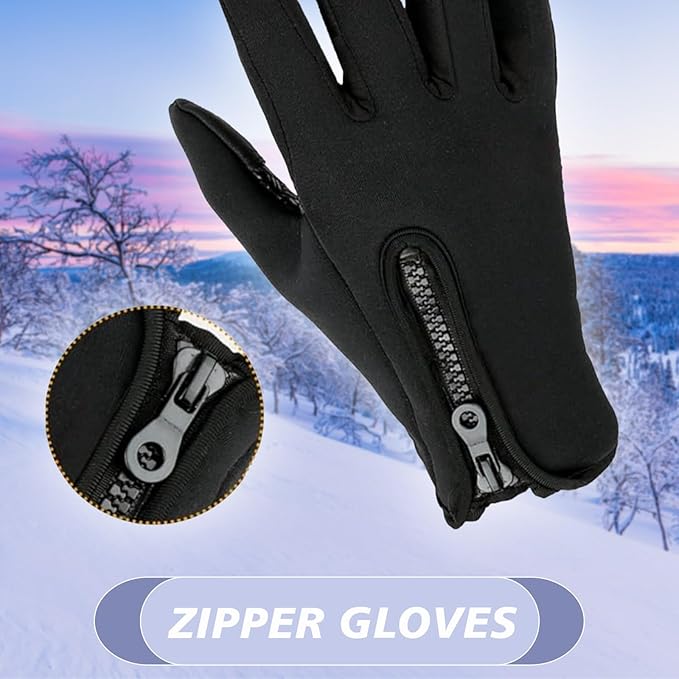 Black gloves with a zipper on a snowy background