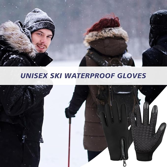 People in winter clothing with a focus on unisex ski waterproof gloves.