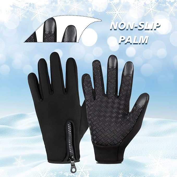 Black gloves with non-slip palm on a snowy background