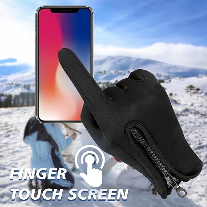 Black touchscreen glove with a phone held inside, against a snowy mountain background