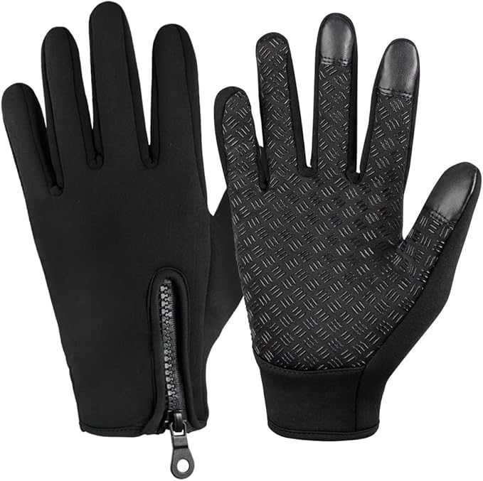 Black gloves with textured palm and touch screen tips on a white background