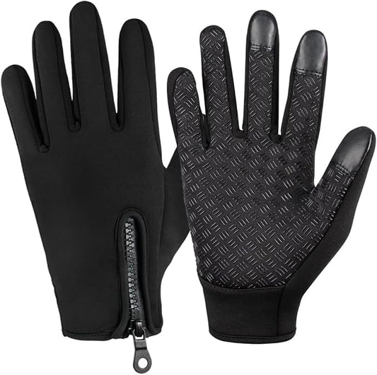 Black gloves with textured palm and touch screen tips on a white background