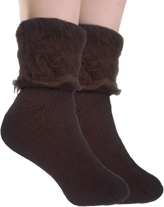 Pair of brown socks with fuzzy trim on a white background