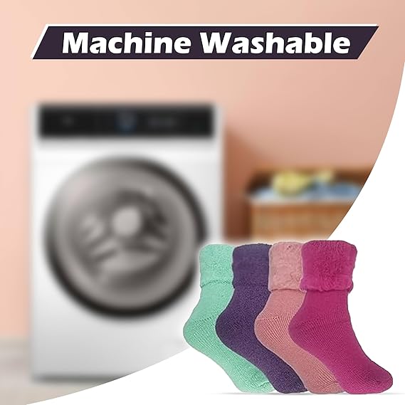 Four pairs of colorful socks with a washing machine in the background, emphasizing machine washability.