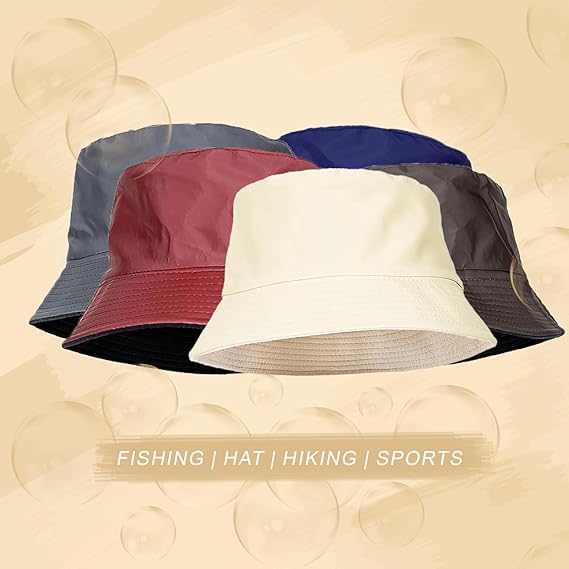 Four bucket hats in different colors on a beige background with text indicating uses.