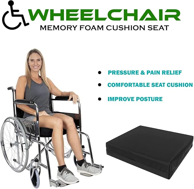 Wheelchair memory foam cushion seat with a woman sitting in a wheelchair and the cushion displayed.