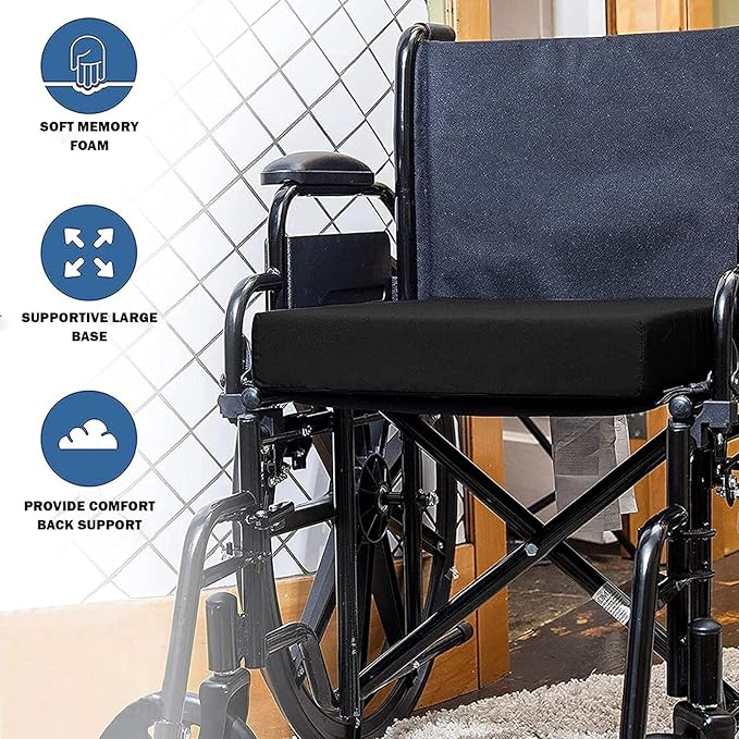Wheelchair with features highlighted on a tiled floor background