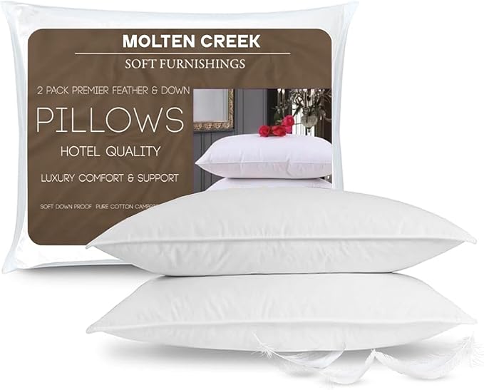 Pack of 2 White Duck Feather Pillow Pair, 100% Cotton
