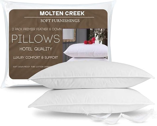 Pack of 2 White Duck Feather Pillow Pair, 100% Cotton