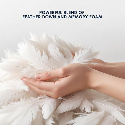 Feathers with a hand holding them, text 'Powerful blend of feather down and memory foam' on a light background